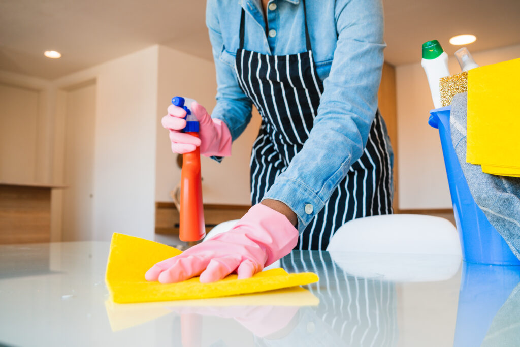 Close-up of woman cleaning her house.